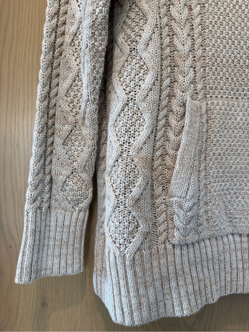 Lauren Ralph Lauren Cream Heather Cable-Knit V-Neck Hoodie Sweater Cotton LG - Picture 2 of 12